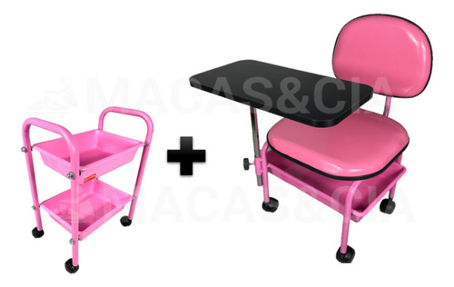 Cadeira Cirandinha Manicure + Carrinho Auxiliar Cor Rosa