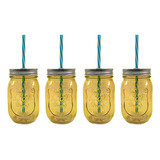 24 Vasos Mason Jar Con Tapa Y Popote 470 Ml Mayoreo Grabado Color Amarillo