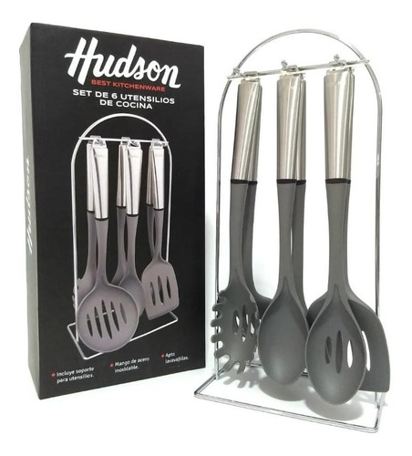 Set 6 Utensilios Nylon Mango Acero Soporte Hudson