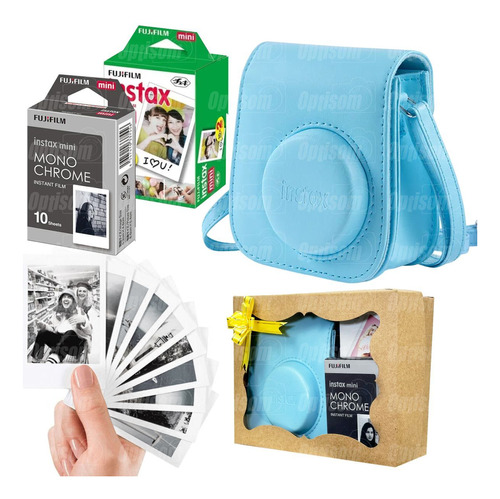 Bolsa Couro Instax Mini Azul Original + Kit Filmes Presente