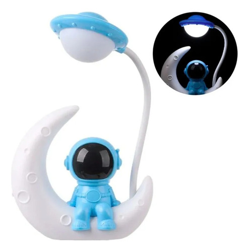 Luminária Abajur Astronauta Led Recarregável Decorativo Cúpula Branco Estrutura Azul Bivolt