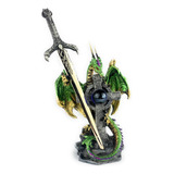 Estatua Dragón Con Espada Medieval,  Bola Cristal Y Cruz