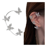 Brinco Borboleta Zircão Strass Clipe K-pop Ear Cuff Prata