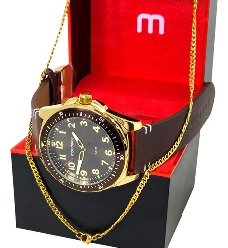 Relógio Mondaine Dourado Masculino Pulseira De Couro Marrom