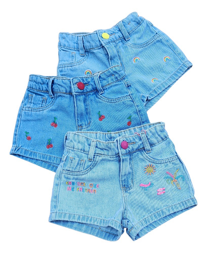 Kit 5 Shorts Jeans Para Meninas Sortidos Bordados Algodão