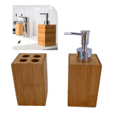 Jogo Banheiro Dispenser De Bambu Saboneteira E Porta Escova