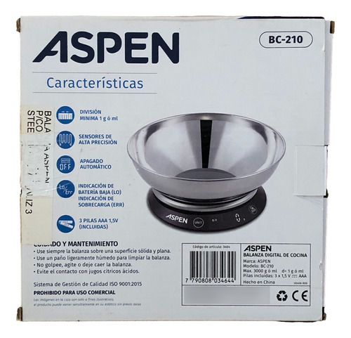 Balanza De Cocina Aspen Bc-210 Digital Recip. Acero  3 Kg