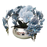 Arranjo Com 4 Orquídeas Azul Realistas No Vaso Prata