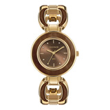 Relogio Feminino Dourado Technos Marrom Bracelete Pedras  Nf