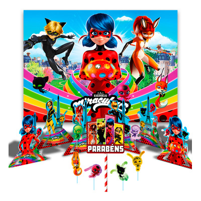 Kit Festa Ladybug Decoração Painel + Topo De Bolo +6 Display