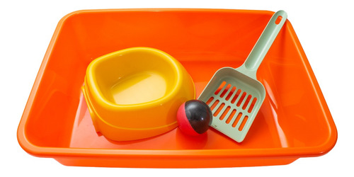 Kit Sanitario Para Gatos Litera C/ Pala, Comedero Y Juguete Color Naranja