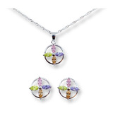 Conjunto Collar Aros Flor De Colores Plata 925 Mas Estuche