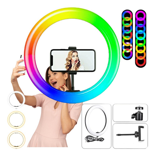 Aro De Luz Led Rgb 13 Pulgadas 33 Cm Alimentación Usb Con Base Y Soporte Para Celular Fotografía E Iluminación Transmisiones En Vivo