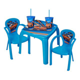 Kit Infantil Mesa Com Duas Cadeiras Dois Copos 550ml Canudo Cor Azul Carro