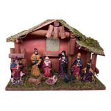 Presepio De Natal Resina C/9 Pcs Decorado Casa De Madeira