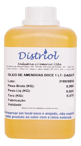Oleo De Amêndoas Doce Vegetal Puro E Natural Distriol 1l