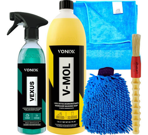 Kit Shampoo V-mol Vonixx Vexus Limpa Rodas Luva Pano Pincel