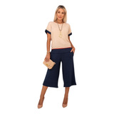 Conjunto Feminino Blusa Lisa Duas Cores Calça Pantacourt