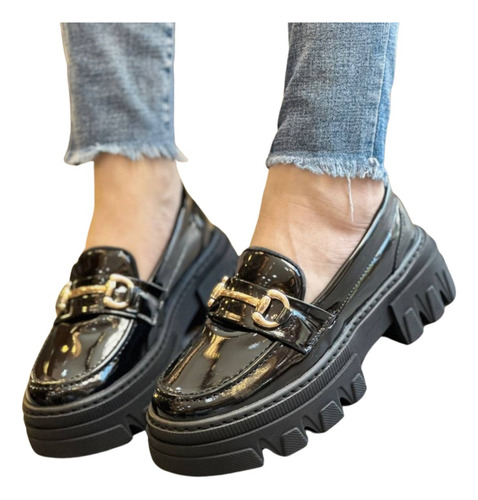 Mocasin Para Mujer Zapatos Negros En Charol Tipo Oxford 2024