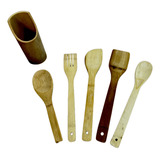 Jogo Talheres De Bambu 6 Pcs Cozinha Cor Marrom