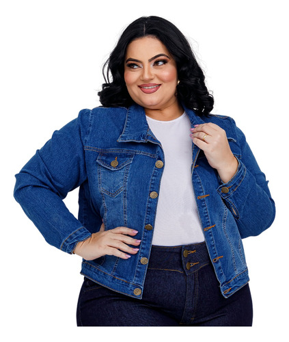 Jaqueta Feminina Plus Size Com Lycra Jeans Botões Elastano