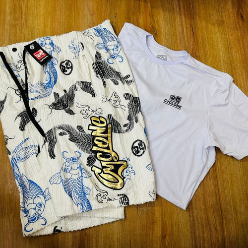Kit Bermuda Branca Da Cyclone Veludo Carpa+ Camiseta Vilão