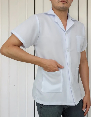 Bata Botones Hombre Blanca En Poliéster