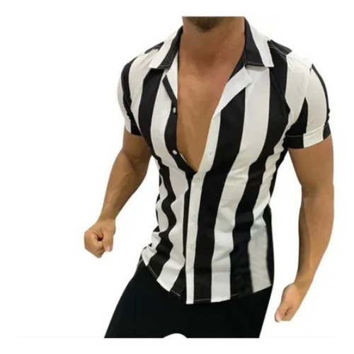 Camisa Listrada Masculina Manga Curta Moda Praia Social