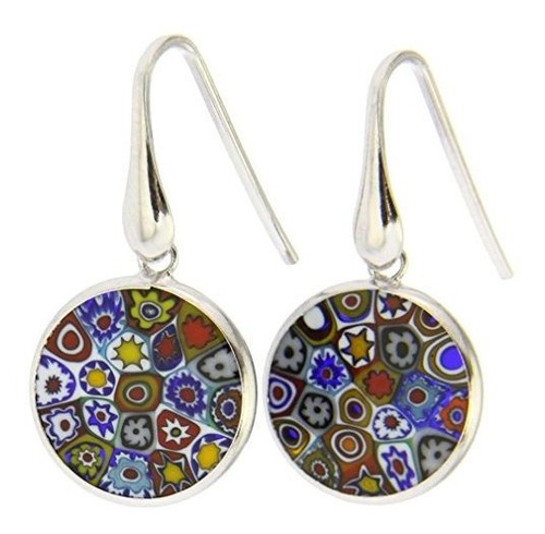 Aros De Murano De Vidrio Multicolor Con Flores En Plata.