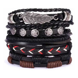 Pulsera Brazalete Hombre Cuero Elegante Pluma Hoja Trenzado