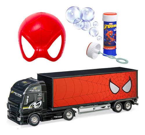 Caminhão E Máscara Infantil Teia + Bolhas Sabão Homem Aranha