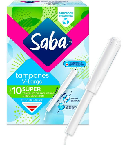 Saba Tampones Super Aplicador Largo Flujo Abundante 10 Pz