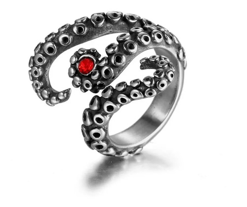Anillo Kraken Tentaculos Pulpo Rojo Unisex Acero Inox A232