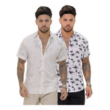 Kit 2 Camisa Floral Masculina Manga Curta Social Slim Fit