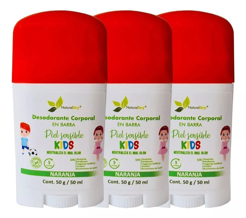 Kit 3 Desodorantes Niños En Barra Natural Sin Bicarbona - Naranja - 100% Natural