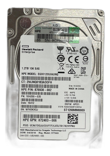 Unidad De Disco Duro De 1.2tb Eg001200jwjnq 10k Rpm Sas