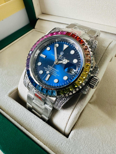 Belleza De Reloj Rolex De Caballero Fondo Azul Bisel Con Pie