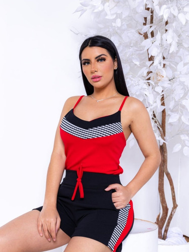 Conjunto Malha Crepe Shorts Blusa Xadrez Feminina Moda Verão