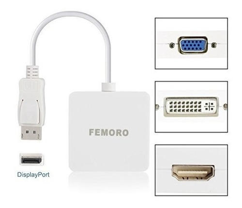 Display Port A Hdmi Dvi Vga Adaptador 1080p 3-en-1, Femoro