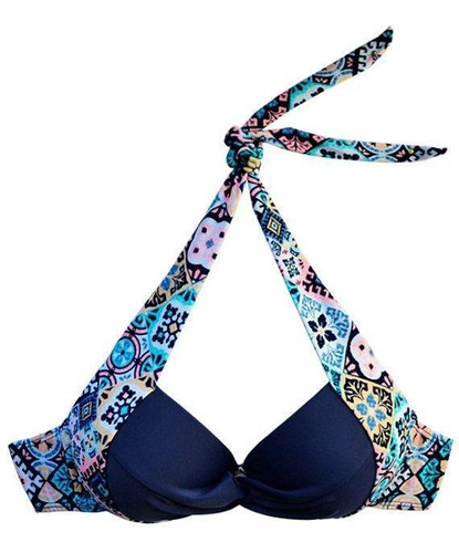 Bikini Sostén Con Barba Y Relleno Estampado Azul