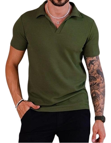 Camisa Polo Tricot Masculina Elegante Clássica Verde Militar