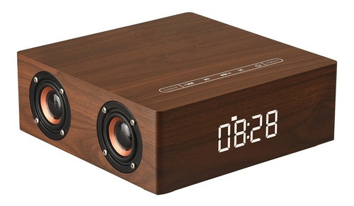 Bocina Bluetooth Con 4 Membranas Y Reloj Despertador Madera 