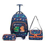 Kit Mochila Rodinhas Dinossauro Lancheira Estojo Escolar