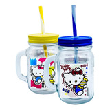 12 Vasos De Vidrio Mason Jar Hello Kitty Tapa Y Popote 450ml