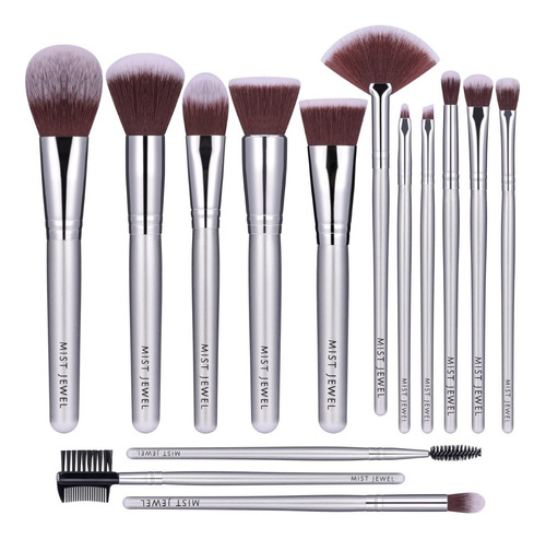 Brochas De Maquillaje 14 Pcs Plateadas Pelo Sintetico Suave 