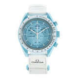 Reloj Pulsera Omega X Swatch Mission To Uranus Con Correa De Velcro Color Blanco - Fondo Azul