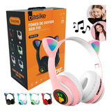 Fone Orelhas Gatinho Sem Fio Led Bluetooth Música Infantil Cor Rosa