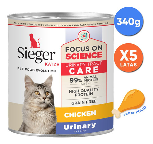 Alimento Humedo Gato Adulto Urinary Sieger Lata Pollo 340gx5