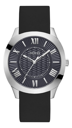 Reloj Para Caballero Guess Imprint Correa Negro Bisel Plateado Fondo Negro