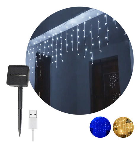 Cortina Guirnalda Led 100 Luces Usb Y Carga Solar 8 Efectos